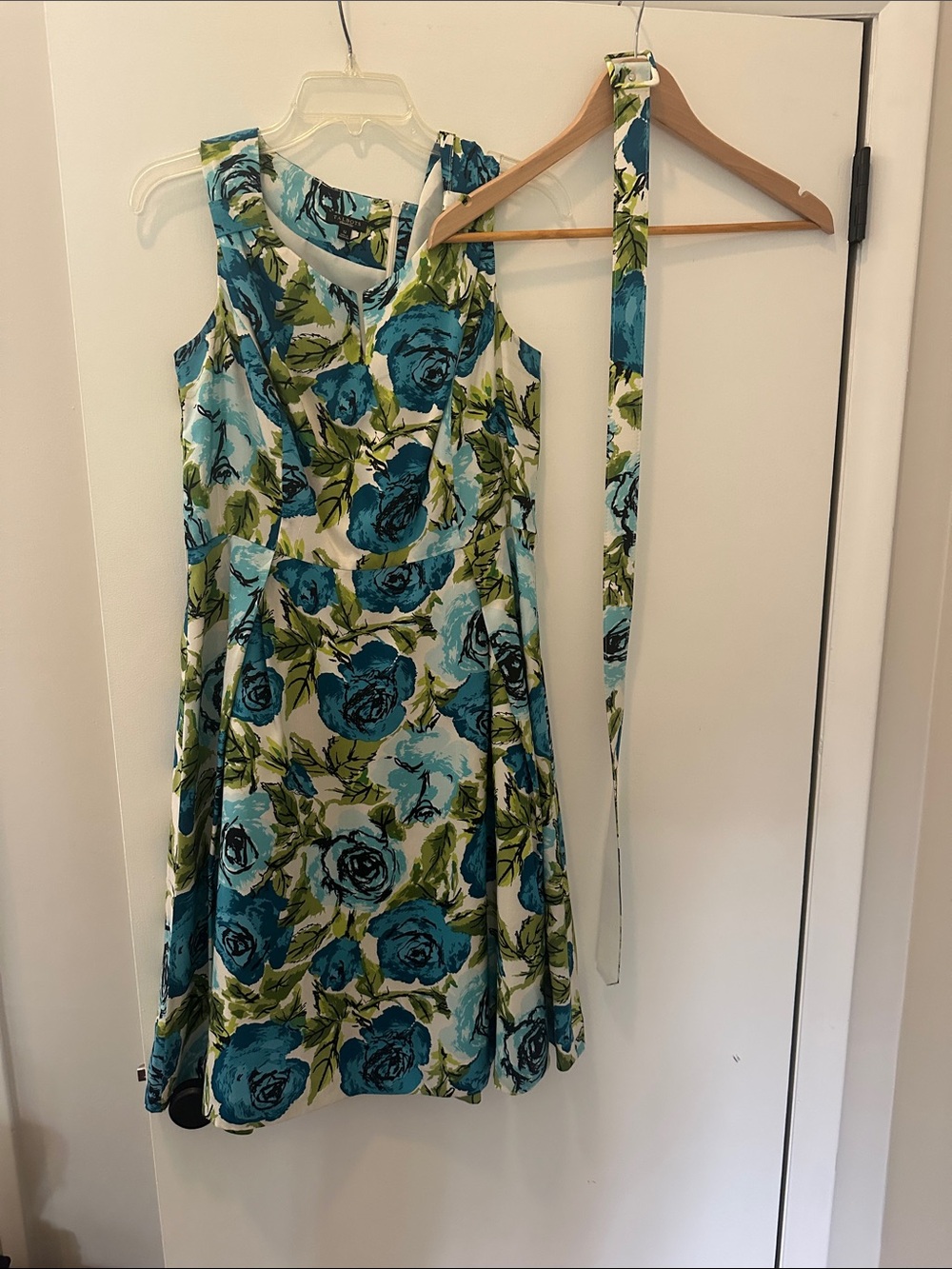 Talbots Blue and Green Floral Sleeveless Midi Dress with Removable Belt
